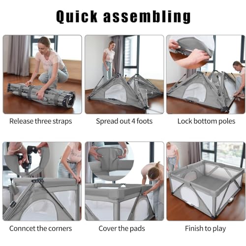 Baby Playpen Foldable, Heyo.Ja Large Play Yard, Playpen for Babies and Toddlers, Play Pens for Babies and Toddlers with Gate, Indoor & Outdoor Portable Play Pen (47x47in, Cold Grey)