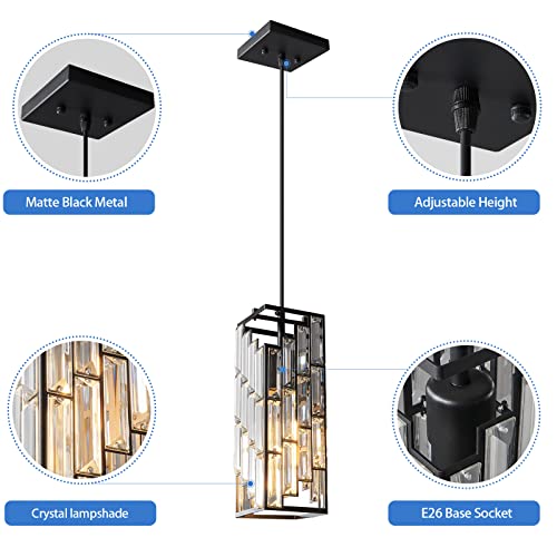 FDPBY Black Pendant Lighting Modern Pendant Light, Mini Crystal Chandeliers,Adjustable Pendant Light Fixture for Kitchen Island Dinning Room Bedroom (1 Pack)