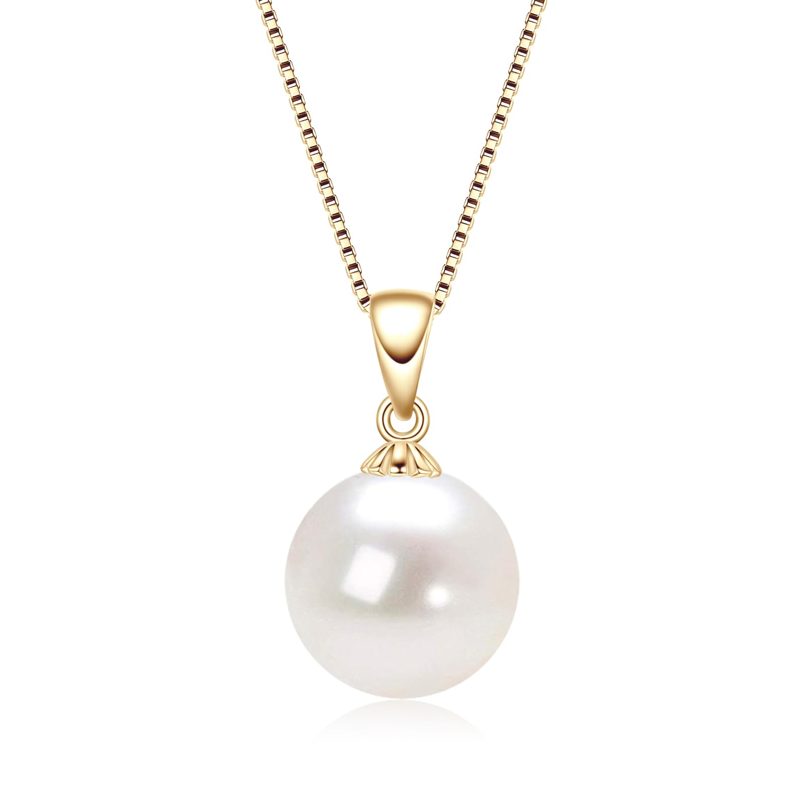 DENGGUANG Single Pearl Necklace for Women, 9-10mm Freshwater Cultured Gold Plated Pearl Pendant with Sterling Silver Chain, Anniversary Birthday Wedding Jewelry Gifts for Women