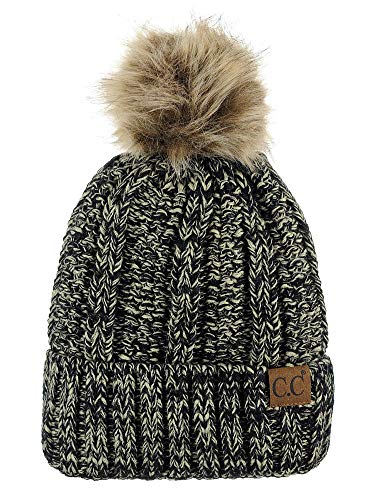 C.C Thick Cable Knit Faux Fuzzy Fur Pom Fleece Lined Skull Cap Cuff Beanie, Lt Pink/Beige Mix