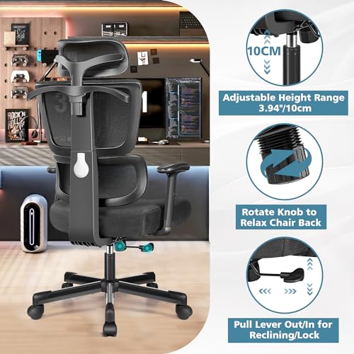 Primy Office Chair Ergonomic Desk Chair, High Back Computer Gaming Chair, Comfy Big and Tall Home Office Chair with Lumbar Support, Breathable Mesh Reclining Chair Adjustable Armrests Headrest (Black)