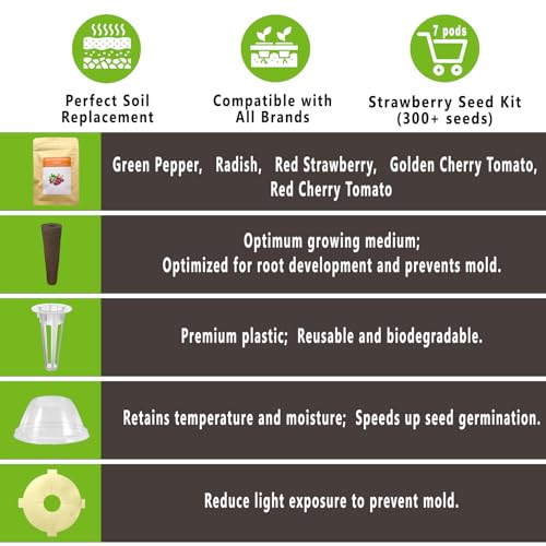 Strawberry Seed Pod Kit for AeroGarden, idoo, Ahopegarden with Red Strawberry, Radish, Green Pepper, Red HeirloomCherry Tomato, Golden Harvest Cherry Tomato - Compatible with All Hydroponics (7-Pod)