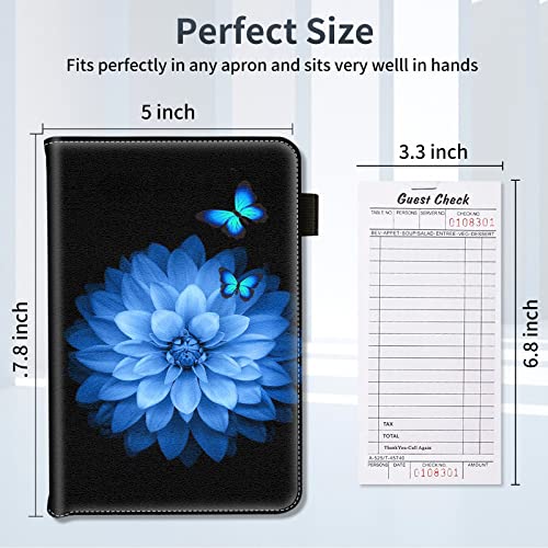 Server Books for Waitress,PU Leather Waiter Book Server Wallet with Zipper Pocket, Cute Waitress Book&Waitstaff Organizer with Money Pocket Fit Server Apron, Green Tree (Blue Flying Butterfly, Medium)