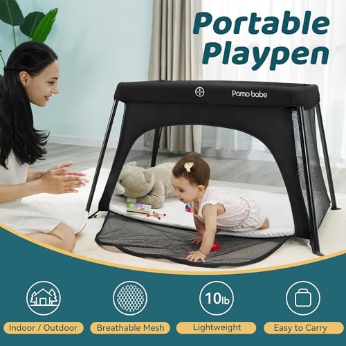 Pamo babe Mini Travel Crib, Portable and Easy to Carry Baby Playard, Lightweight Playard for Baby with Soft Mattress Pad(Black)