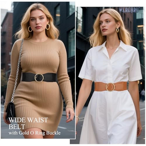 WERFORU 2 Pack Women Elastic Stretchy Wide Belt for Dress Ladies Stretch Thick Waist Belt with Gold O Ring Buckle Black+Brown