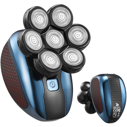 Paubea Head Shavers for Bald Men, 6 in 1 Detachable 7D Head Shaver, Electric Razor with Hair Sideburns Trimmer, Waterproof Wet&Dry, Cordless Mens Grooming Kit, Rechargeable Electric Shavers - Blue