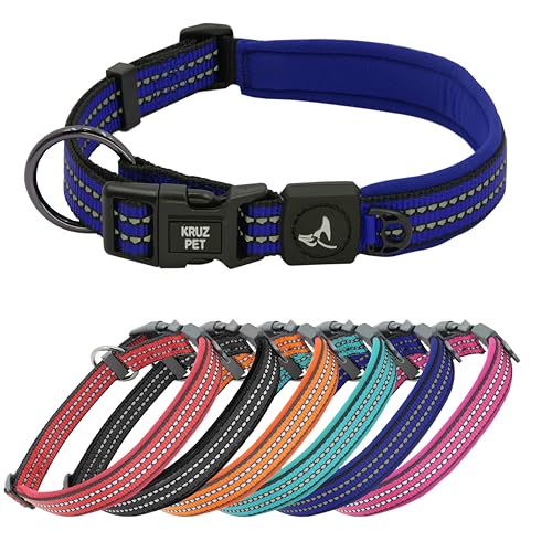 KRUZ PET KZV006-05M Reflective Dog Collar for Small, Medium, Large Dogs, 100% Nylon Adjustable Pet Neck Collar, Heavy Duty O-Ring, Soft, Comfortable Neoprene Padding - Black - Medium