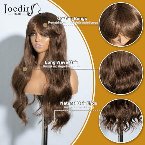 JOEDIR HAIR Black Wig with Bangs Long Wavy Wigs for Women Curtain Bangs Wig 26 Inch Synthetic Wig Halloween Costumes Cosplay Party Wigs
