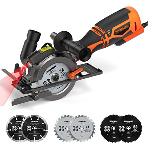 DOVAMAN Circular Saw, 5.8A 4-1/2" Compact Circular Saw w/Contractor Bag, Laser Guide, Metal Auxiliary Handle, Multi-Material Cuts w/ 6 Saw Blades, Tool-Free Adjustment of Angle & Depth (Max 1-11/16")