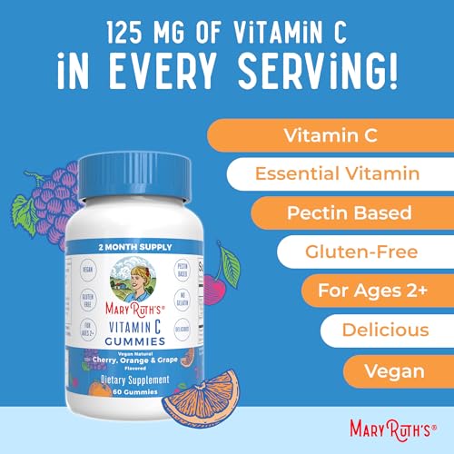 MaryRuth Organics Vegan Vitamin C Gummies | 2 Month Supply | Immune Support Supplement | Adults & Kids Vitamin C | Chewable Vitamin C Gummy Vitamins | Non GMO | Pectin Based | 60 Count