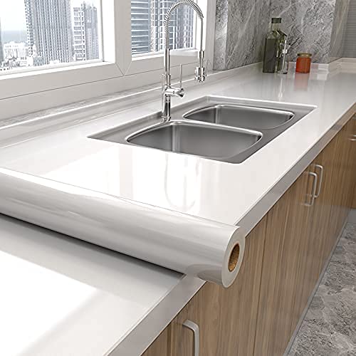 Shiny White Wallpaper peel and Stick Wallpaper Glossy Self Adhesive Removable Wall paper 15.8" X 78.7"Waterproof Countertop Paper White Contact Paper for Cabinet Countertop Furniture Kitchen Vinyl