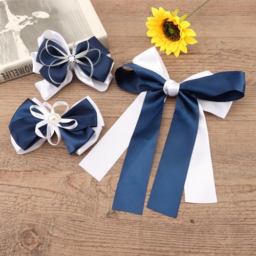 Walk Diary Hair Bows with Rhinestones Pearl 3 pcs Silk Bow Hair Clips,Brown White Hair Bows for Women
