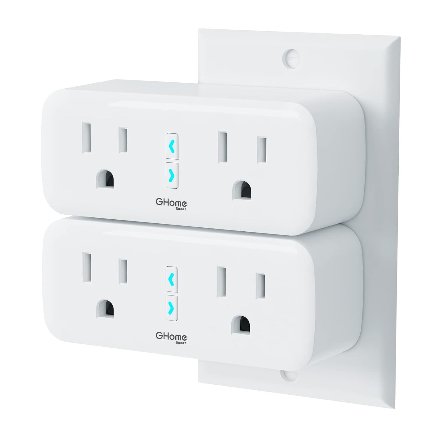GHome Smart Plug Outlet Extender 15A, WiFi Smart Plugs Compatible with Alexa and Google Home, Smart Surge Protector Outlet with Remote Control and Timer, Dual Sockets, No Hub Required, White, 2 Pack