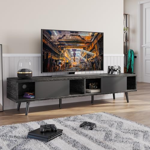 Bestier 70 inch Mid Century Modern Entertainment Center for 75 inch Display, Low Profile with Storage, for Living Room, Cord Management, Black Ash