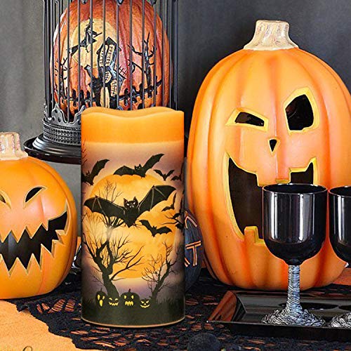 Eldnacele Halloween Flameless Candles, LED Flickering Battery Pillar Candles with 6H Timer and Pumpkin Decals, Spooky Fall Halloween Festival Party Decoration Set of 3 (D 3β x H 4β 5β 6β)