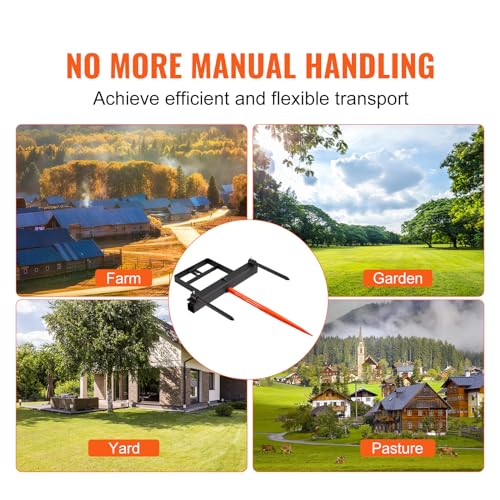 VEVOR 39" Hay Spear, Bale Spears 1600lbs Loading Capacity, Skid Steer Loader Tractor Bucket Attachment with 2pcs 17.5" Stabilizer Spears and 60" Chain, Quick Attach Spike Forks