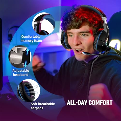 Ozeino Gaming Headset for Ps5, Ps4, PC with 7.1 Surround Sound, Gaming Headphones with Noise Cancelling Flexible Mic RGB Light Memory Earmuffs for Xbox Series X/S, PC, Mac, Laptop, Phone