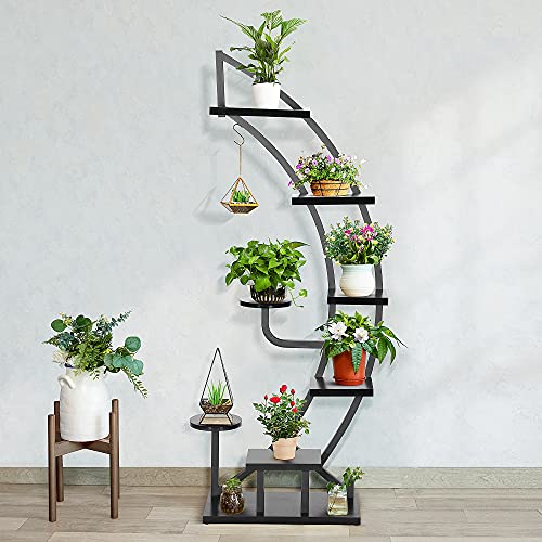 VIVOHOME 6 Tier 9 Potted Steel-Wood Plant Stand with Hanger, Curved Flower Pot Holder Shelf for Indoor, Black