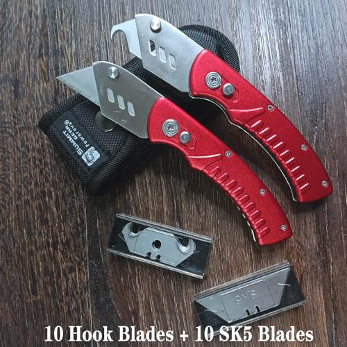Utility Knife/Box Cutter/Electrician knife/Carpet knife Folding with Safe Lock-Back+Nylon Pouch+10 Extra SK5 Replacement Blades+10 Utility Hook Razor Blades Red