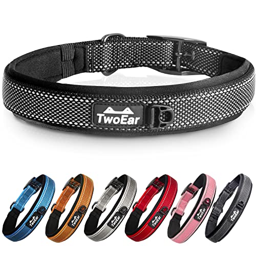 TwoEar Dog Collars for Small Dogs, Heavy Duty Dog Collar with Soft Neoprene Padded, Adjustable Reflective Nylon Dog Collar with Metal Buckle (S, Black)