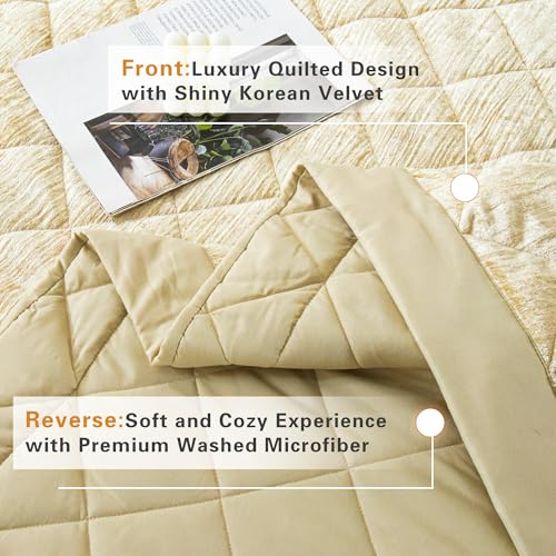 LUCKYBULL Camel Korean Velvet Quilt Set Queen XL Size (90x96 inch), 3 Pieces Luxury Textured Soft Bedspread with 2 Pillowcases, Reversible Coverlet Set for All Season