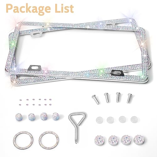 Tecfino Bling License Plate Frames, 2 Pack Bling License Plate Holder for Women Girl, Handmade Glitter Crystal Diamond Lincense Plate Cover AB Color