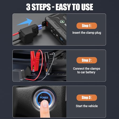 Car Jump Starter, Portable Car Battery Charger for Up to 8.5L Gas & 8.0L Diesel Engines, 12V Car Jump Box with 4 Modes Flashlight, Power Bank Function, Smart Jumper Cables
