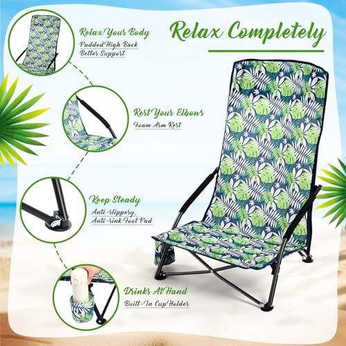 Menkxi 6 Pack Low Beach Chairs, Portable Lightweight Folding Chair for Adults, Low Seat Camping Chairs with Cup Holder, Carry Bag for Outdoor Beach Lawn Sand Picnic Travel(High Back, Green Strips)