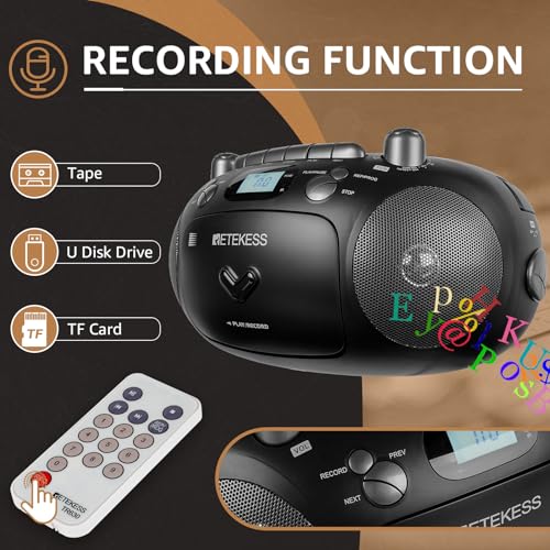 Retekess TR630 Cassette Tape Player, CD Boombox Radio, Portable CD and Cassette Player Combo, Recording Transcription, USB, Micro SD, LCD Display, for Home