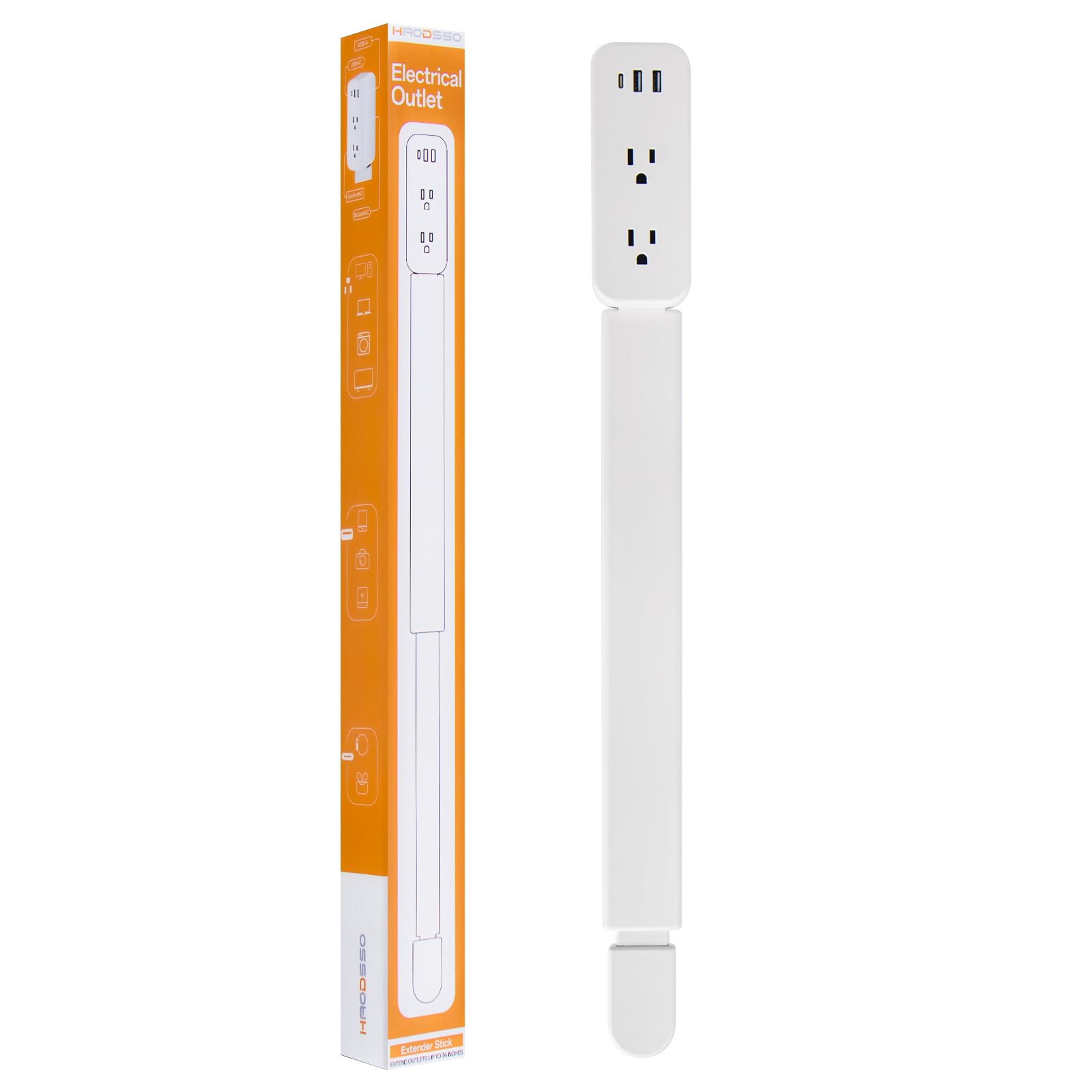 Electrical Outlet Extender Stick - Features USB-A, USB-C and 2 AC Outlets, Extends 22"-34", Rotates 180° Access Hard-to-Reach Outlets, Wall Plug Power Socket Expander Nightstands, Sofa, Desks and More
