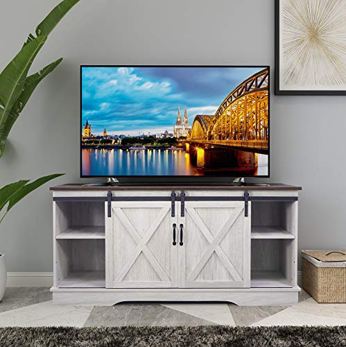 Rainbow Sophia TV Stand, Storage Cabinet with Sliding Barn Doors and Adjustable Shelves, Modern 28”H, Sargent Oak
