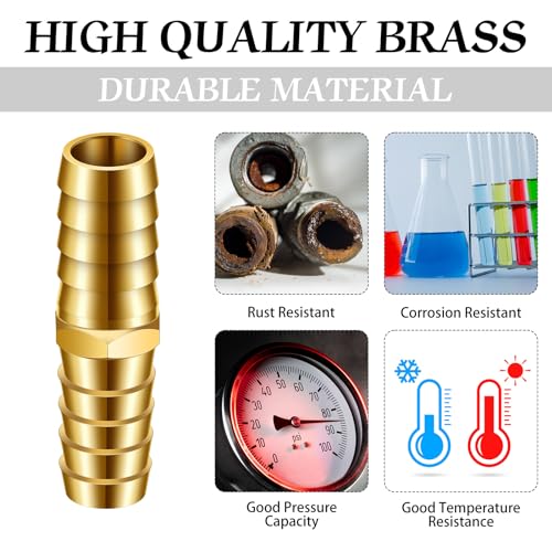 Yaocom 12PCS Brass Hose Barb Union Fitting Barb Splicer Mender Joiner Hose Fitting with 18PCS Stainless Steel Pipe Hose Clamp for Air/Water/Fuel/Oil, 3/16 1/4 5/16 3/8 1/2 5/8 Inch (Brassy,L Fitting)