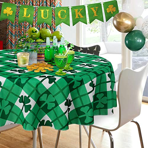 SARAFLORA St Patrick's Day Checkered Fabric Round Table Cloth-60 Inch-Polyester Shamrock Pattern Tablecloth, Table Cover Protector for Party, Banquet, Dinner Decoration Use, Green & White