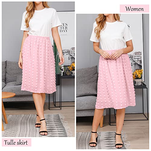 Ezcosplay Women's Boho Swiss Dot High Elastic Waist Pleated A-Line Midi Skirt (Pink, Small)
