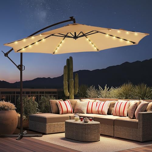 HOMSHADE 10ft Solar Lights Offset Cantilever Patio Umbrella - w/Light, LED Lighted Offset Hanging Patio Outdoor Market Umbrella UPF50+ UV Protection with Easy Tilt and Crank (Beige)