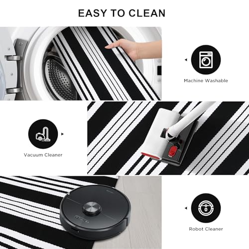Ailsan Black and White Striped Rug Doormat 24"x35", Washable Black Front Door Mats, Woven Outdoor Porch Rug for Layered Kitchen/Farmhouse/Home Entrance