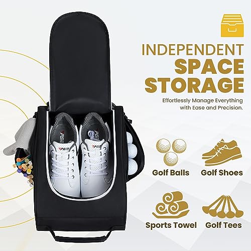 Golkcurx Golf Shoe Bag for Travel Zippered Sport Shoe Carrier Bags with Side Accessory Pockets for Socks, Tees, Golf Balls(Black)