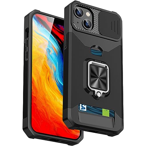 Phone Case Compatible for iPhone 15 Case Silicone Cover with Window Slide, Camera Protection, Card Holder Rotatable Ring Kickstand Magnetic Bumper Heavy-Duty Protector Solid Shockproof-Black