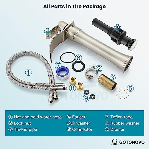 gotonovo Waterfall Vessel Sink Faucet for Sink 1 Hole,Single Handle Tall Bathroom Sink Faucet,Brass Waterfall Bathroom Faucet Arc Body Mixer Tap with Pop Up Drain and Supply Line,Brushed Nickel