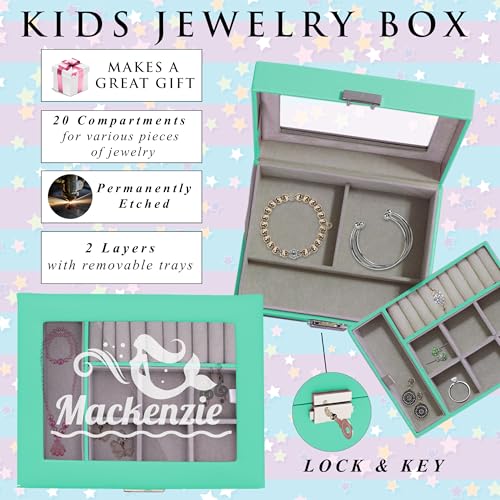 My Personal Memories Personalized Jewelry Box for Girls - Custom Engraved with Name and Ballerina, Mermaid, Unicorn and more (Aqua)