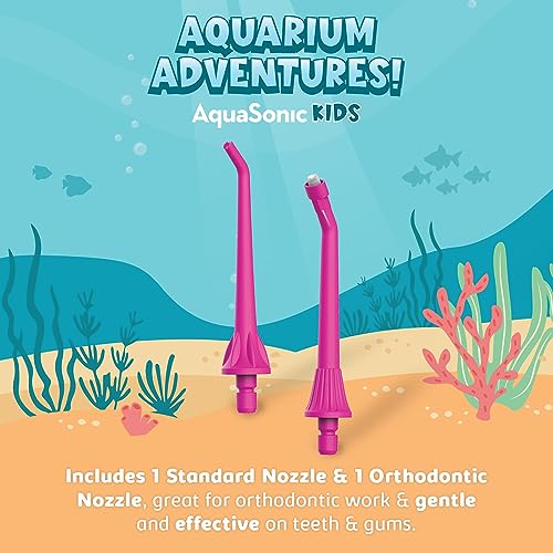 AquaSonic Kids' Water Flosser for Ages 6+ | Standard Nozzle, Orthodontic Nozzle & Waterproof Stickers | 4 Flossing Modes | Aquarium Adventures Theme (Blue)