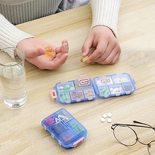 4PS Travel Pill Organizer with 164 Slice Labels,10 Compartments Travel Pill Box Portable Folding Small Pill Case Daily Pill Container Used for Carry Storage Medicine Organizer by M MUchengbao (Blue)