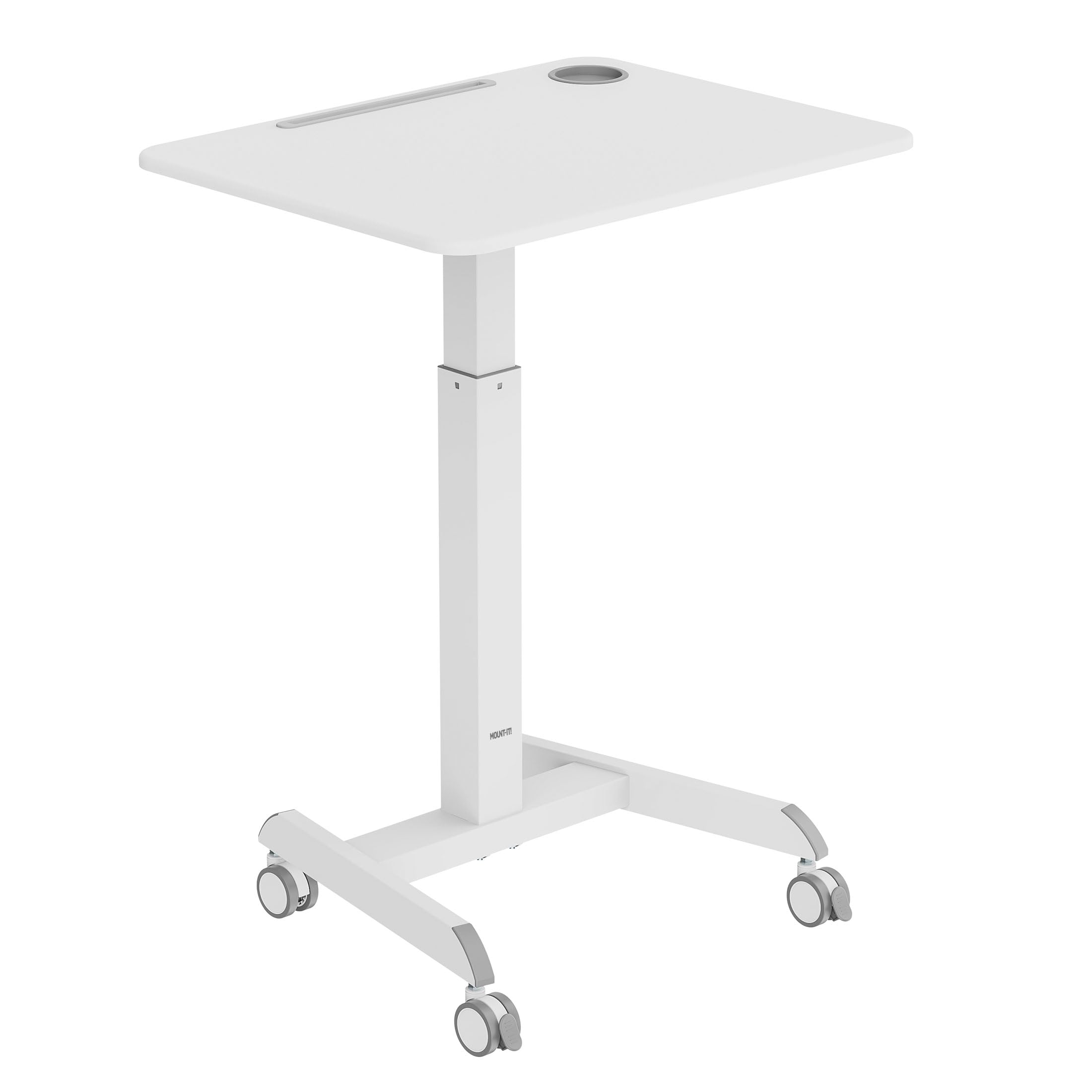 Mount-It! Mobile Laptop Desk Cart | Adjustable Rolling Laptop Stand with 28.5" x 22" Tabletop | Ergonomic Sit-Stand Workstation on Wheels | Portable Laptop Cart for Home Office in White