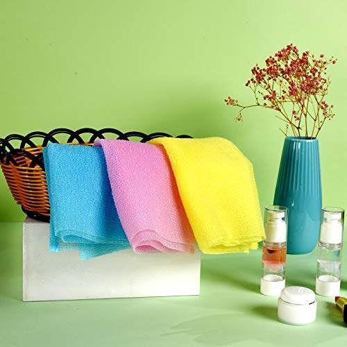 ARCH&M Exfoliating Washcloth Towel Japanese Washcloth Nylon Bath Wash Towel Korean Exfoliating Towel Beauty Washcloth Sponge Loofah Body Scrub Back Scrubber for Shower Cloth 3 Pack (Blue x 3)