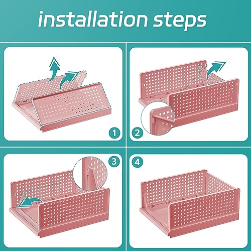 MVSRWLL Stackable Plastic Storage Basket Bin Shelf Box for Closet Wardrobe Organizer 4 Pack Foldable Clothes Drawer Storage Container for Cupboard Kitchen Bathroom Bedroom Office (White)(3L+1S)