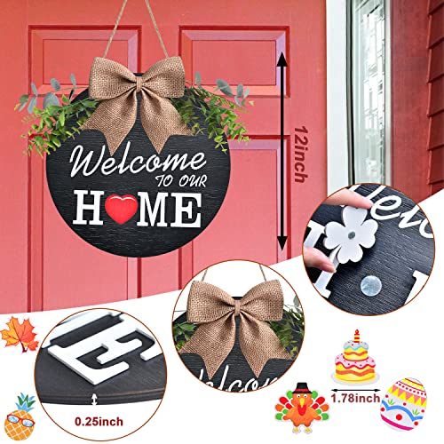 Interchangeable Welcome Home Sign, Seasonal Front Porch Door Decor With 21 Changeable Seasonal Icons for Halloween/Christmas/Independence Day, Rustic Wood Wreaths for Housewarming Gift (12") (Black)