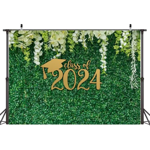 Wollmix 2024 Graduation Party Decorations Photo Backdrop for Photography Banner Class of 2024 Congrats Grad Congratulations Graduate Green Leaves Cap Grass Leaf Background Prom Photo Booth Props 5x3ft