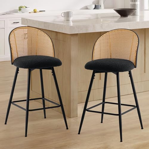 Bekrvio Swivel Bar Stools Set of 4, Mid Century Modern 29" Bar Chairs with Rattan Back and Metal Legs, Upholstered Boucle Fabric Barstools Island Stools for Kitchen Counter, Home Bar, Green