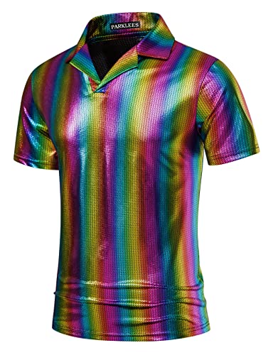 PARKLEES Mens Hipster Metallic Gold Short Sleeve Polo Shirt 70s Disco Nightclub Party T-Shirts US-PPPH85-Silver Medium