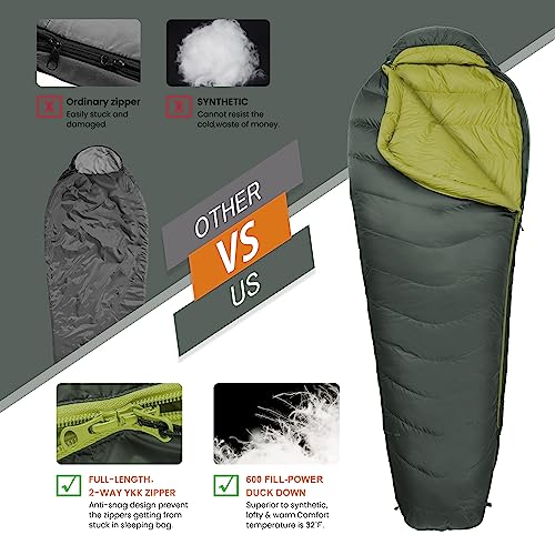 MOUNTAINTOP Down Fill Sleeping Bag for Adults Ultralight Backpacking Sleeping Bag Comfort with Compression Sack - 4 Seasons for Camping Hiking Traveling